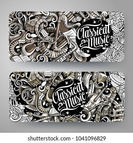 Cartoon graphics vector hand drawn doodles Classic Music corporate identity. 2 horizontal banners design. Templates set