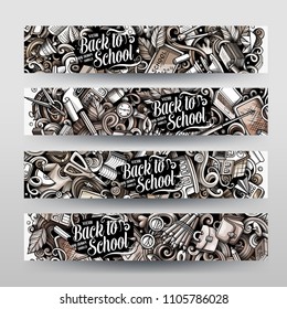 Cartoon graphics vector hand drawn doodles School corporate identity. 4 horizontal banners design. Templates set
