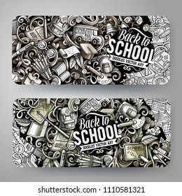 Cartoon graphics vector hand drawn doodles School corporate identity. 2 horizontal banners design. Templates set