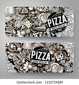 Cartoon graphics vector hand drawn doodles Pizza corporate identity. 2 horizontal banners design. Templates set