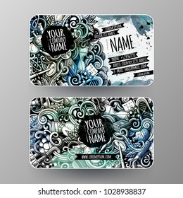 Cartoon graphics watercolor vector hand drawn doodles Science corporate identity. 2 id cards design. Templates set