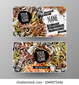 Cartoon graphics watercolor vector hand drawn doodles Classic music corporate identity. 2 id cards design. Templates set