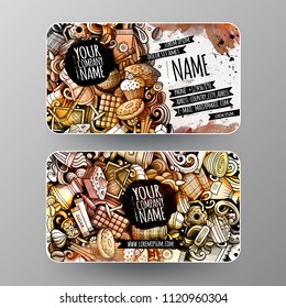 Cartoon graphics watercolor vector hand drawn doodles Coffee corporate identity. 2 id cards design. Templates set
