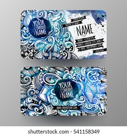 Cartoon graphics watercolor vector hand drawn trace doodles winter season corporate identity. 2 id cards design. Templates set