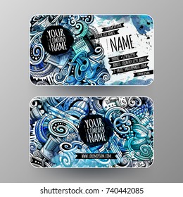 Cartoon graphics watercolor vector hand drawn doodles Winter corporate identity. 2 id cards design. Templates set