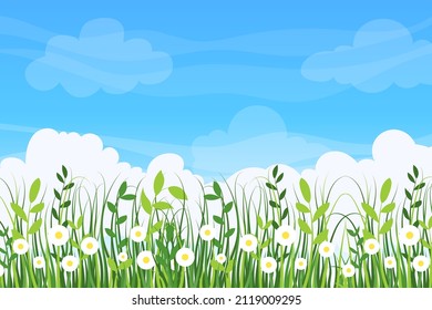 Cartoon grass background. Summer background with green lawn and blue sky with clouds and place for text. Vector illustration