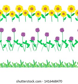 Cartoon grass and flowers seamless border. Meadow summer vector illustration.