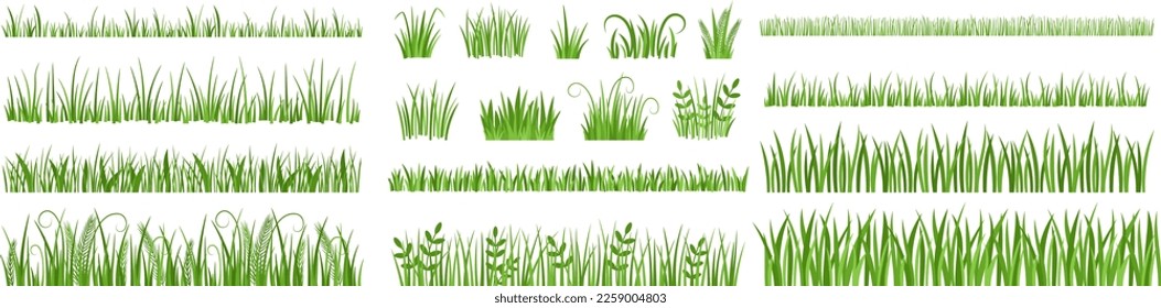 Cartoon grass leaves. Tuft of green meadow grass, lawn herb silhouette dividers and natural spring garden vegetation vector set. Plants and shrubs for framing isolated on white, wild foliage