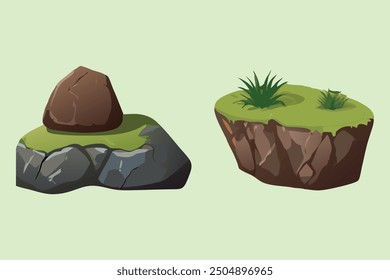 Cartoon Grass-Covered Rocks and Floating Islands - Nature Illustration Pack.