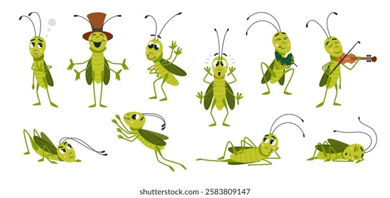 Cartoon grasshopper. Isolated grasshoppers in different poses and emotions. Funny green insects, wild characters eating, jumping, sleeping, classy mascots vector set