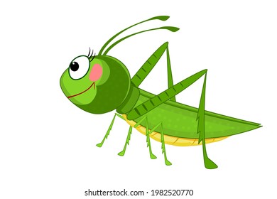 Cartoon grasshopper isolated on white background. Cute green cricket character. Insect mascot. Lovely bug icon. Bug icon. Friendly beetle. Symbol of nature, spring, summer. Stock vector illustration