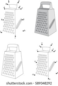 Cartoon grater. Coloring book and dot to dot educational game for kids