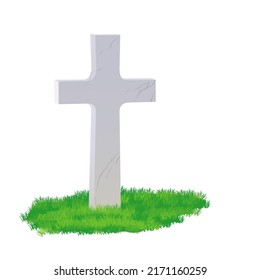 Cartoon grave. A memorial cross made of gray marble on a green lawn. Vector illustration of the cemetery.