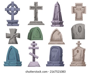 Cartoon graves. Gravestone, ancient RIP tombstone and gothic graveyard memorial crosses vector set of graveyard rip funeral illustration