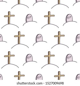 Cartoon gravestone with cross creepy seamless pattern for celebration design. Holiday vector texture background.
