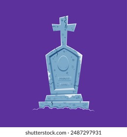 Cartoon gravestone with cross. Isolated vector Halloween tombstone, with mysterious runes inscription. Weathered marking a final resting place. Monument on the grave, old tomb stone with cracks