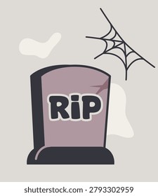 Cartoon gravestone with RIP text beside a cobweb on a light plain background conveying spooky Halloween atmosphere and dark cemetery themes. Vector illustration