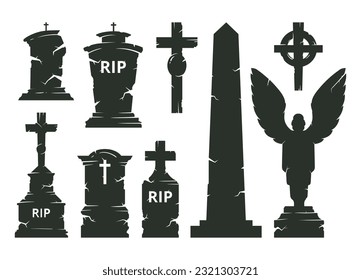 Cartoon gravestone silhouettes. Halloween cemetery tombstones, horror halloween churchyard gravestones and graveyard crosses flat vector illustration set