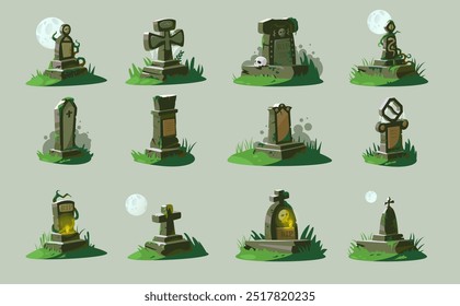 Cartoon gravestones. Old cemetery with blank tombstones, scary graveyard with death funeral headstones and crosses. Vector burial monument set.