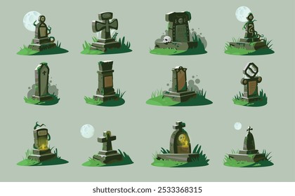 Cartoon-Grabsteine. Alter Friedhof mit leeren Grabsteinen, gruseliger Friedhof mit Totengräberkopfsteinen und Kreuzen. Vektorgrabdenkmal-Set.