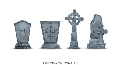 Cartoon graveyard tombstones. Medieval stone tombstone crosses. The crypt for Halloween. Elements of old Gothic tombstones. Tombstone obelisks. Gray tombstones. Granite mausoleum.