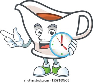 Cartoon gravy boat in the mascot with bring clock