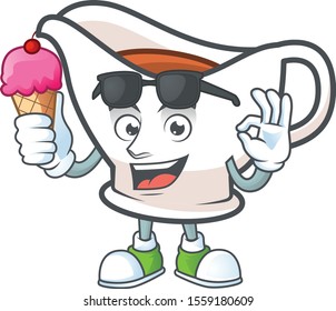 Cartoon gravy boat in the mascot with ice cream