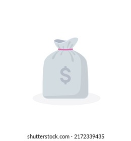 Cartoon gray cash sack full of money with dollar sign. Flat vector illustration isolated on white background. Finance, business, banking, gambling concept. For web, mobile app, game interface 