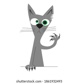 Cartoon gray cat with different eyes shows its claws. Vector illustration for animal adoption organizations, shelter, pet beauty saloon, exhibition, manicure master.