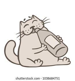 Cartoon gray cat drinks lemonade. Food and drink. Funny cute animal character. Vector illustration.