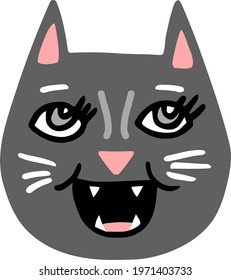Cartoon gray cat face smiles broadly at children. Kitty meows cheerfully. Big-eyed muzzle. Good pet avatar. Cute animal. Vector flat illustration. Clipart of puss for design of baby icons and prints. 