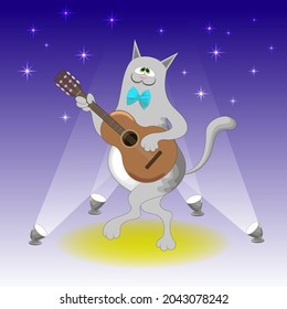 Cartoon gray cat with a guitar performing on stage in the spotlight