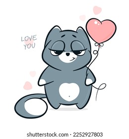 Cartoon gray cat with a pink balloon in the shape of a heart. Concept for a greeting card or invitation for a holiday, Valentine's Day 