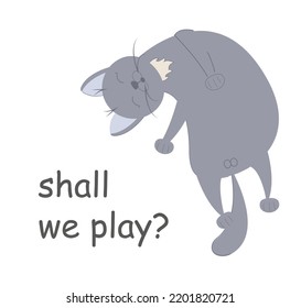 Cartoon gray cat. cat playfully lying down. vector illustration