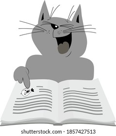 El gato gris de dibujos animados leyendo el libro y riendo. A un personaje alegre y lindo le gusta leer. Ilustración vectorial aislada en fondo blanco, se podría usar para ícono, símbolo, logotipo, libros infantiles