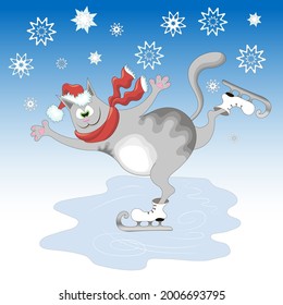 cartoon gray cat in a red hat and scarf is skating on a winter ice rink