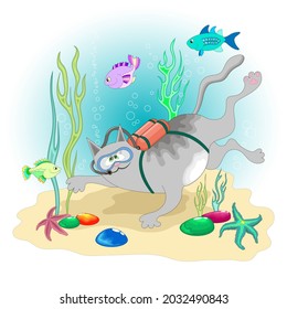 Cartoon gray cat scuba diver is engaged in diving at depth and observes the underwater world with sea fish and starfish