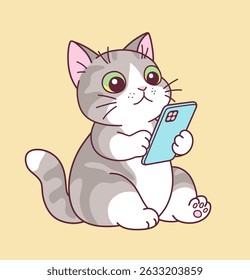 Cartoon gray cat sits and watches something on a mobile phone.