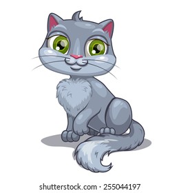Cartoon gray cat, vector illustration isolated on white