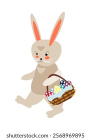 Cartoon gray Easter bunny walking with basket of colorful eggs. Vector illustration for design of cards, banners, invitations, packaging, prints for clothes