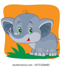 cartoon gray elephant with big green eyes and a small lock of hair on his head, vector image