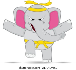 cartoon gray elephant with karate poses isolated