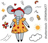 Cartoon gray elephant in a yellow dress and with a red bow, elephant in doodle style for children's print