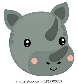 Cartoon graues Gesicht eines Baby-Rhinos mit rudigem Wangen und ein Lächeln auf weißem Hintergrund. Adorable Kopf für Logotype, Ikone, Emoji Vector.