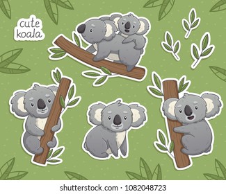 Cartoon gray koala in differet poses: sitting, climbing the tree, with a baby. Vector illustrations set on green background