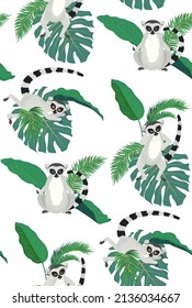 Cartoon gray lemur catta with tropical leaves pattern illustration.