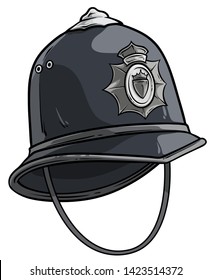 Cartoon gray London police helmet or hat with metal crown badge. Isolated on white background. Vector icon.