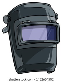 Cartoon gray metal welding mask with clear glass visor. Isolated on white background. Vector icon.