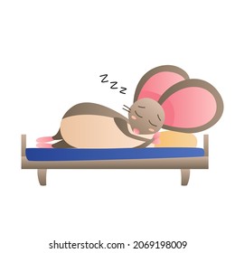 Cartoon gray mouse cute sleeping on the bed. Vector illustration of a character drawn with a gradient in the style of flat.