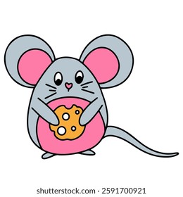 Cartoon gray mouse with pink ears and belly holding cheese